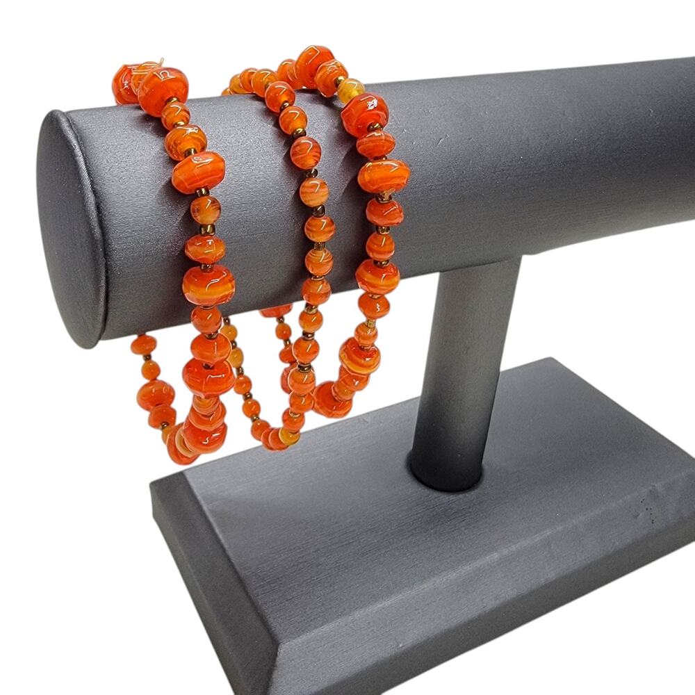 3pc Orange Swirl Art Glass Beaded Stretch Bracelet Stack Set Boho Artisan